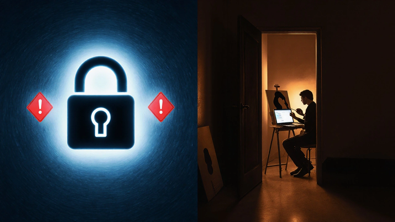 Imagem dividida: bloqueio do Midjourney à esquerda, arte livre à direita.