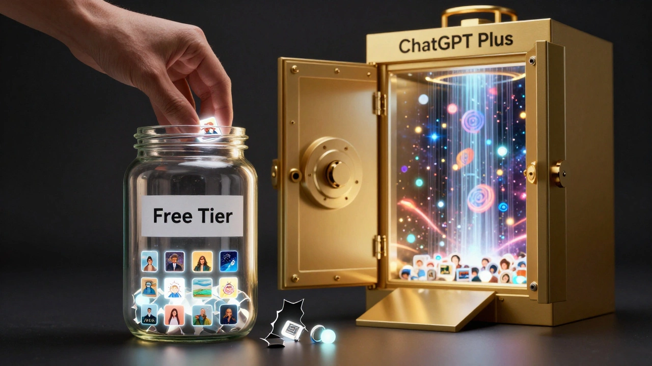 Jarra simbólica com 25 imagens gratuitas vazia, enquanto um cofre dourado libera fluxos infinitos de arte gerada por IA.