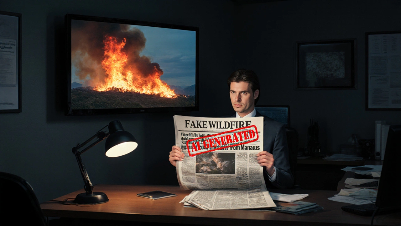 Jornalista em redação segurando jornal com foto falsa de incêndio, enquanto tela ao fundo mostra imagem gerada por IA com carimbo vermelho.