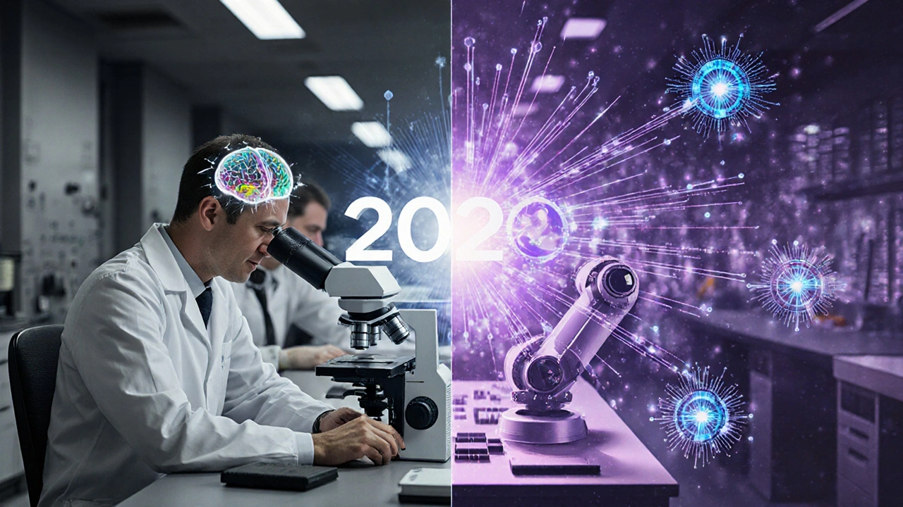 Laboratório dividido: cientistas e robôs trabalhando em cérebro humano e chips de IA, com marco 2030 no centro.