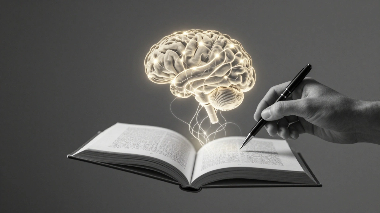 Livro flutuante cujas páginas viram pensamentos conectados a um cérebro, representando clareza mental.