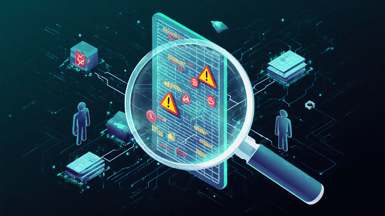 Lupa digital analisando transações suspeitas em um ledger de blockchain com padrões de lavagem de dinheiro.