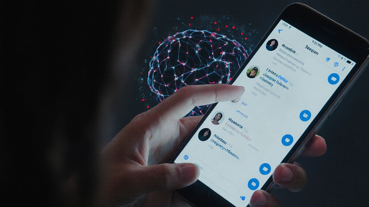 Mão apagando histórico de chat enquanto mensagens viram código que se conecta a um cérebro artificial.