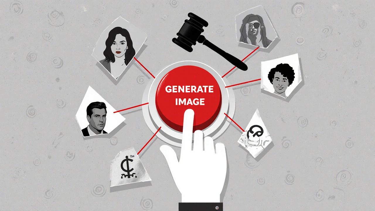 Mão apertando botão de geração de IA, com fragmentos de arte roubada e logotipos caindo como destroços.