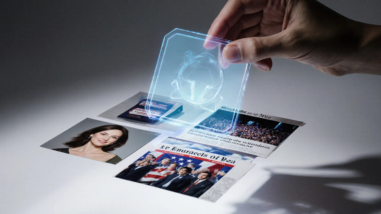 Mão colocando selo luminoso &#039;gerado por IA&#039; sobre colagem de imagens comerciais e políticas, fundo em gradiente cinza-branco.