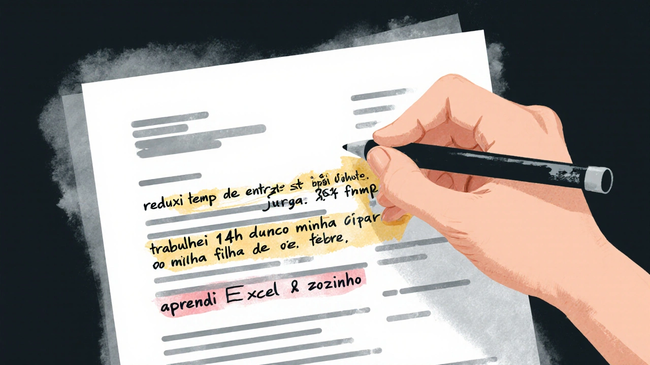 Mão escrevendo exemplos reais sobre um currículo robótico, substituindo jargões por histórias pessoais.