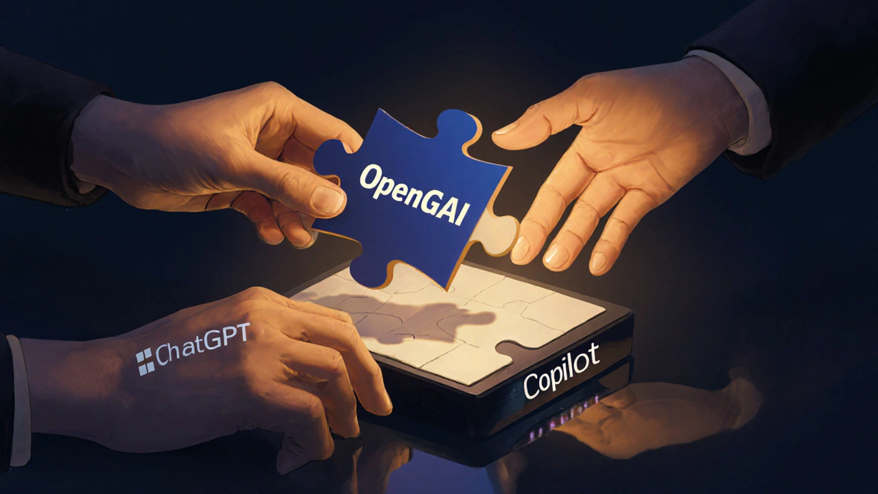 Mãos de OpenAI e Microsoft ajustando um quebra-cabeça representando o ChatGPT integrado ao Copilot.