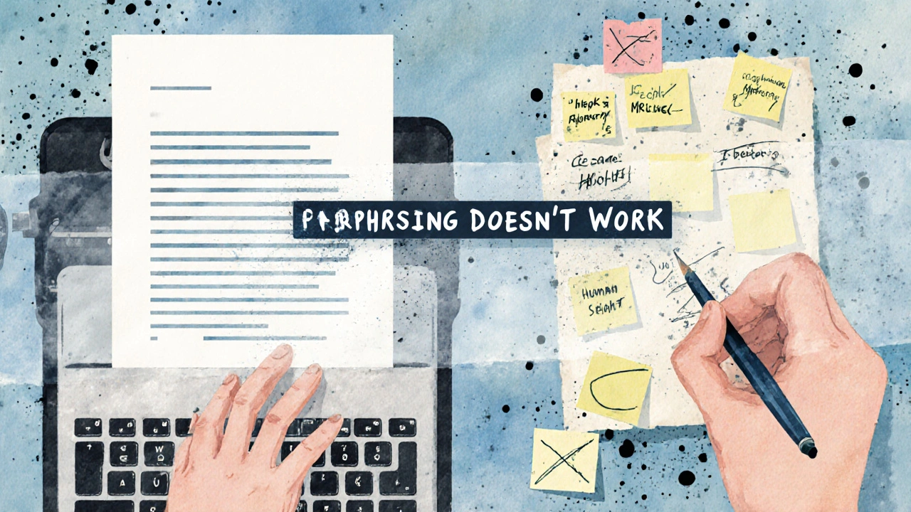 Mãos escrevendo: uma com texto perfeito de IA, outra com anotações manuscritas caóticas.