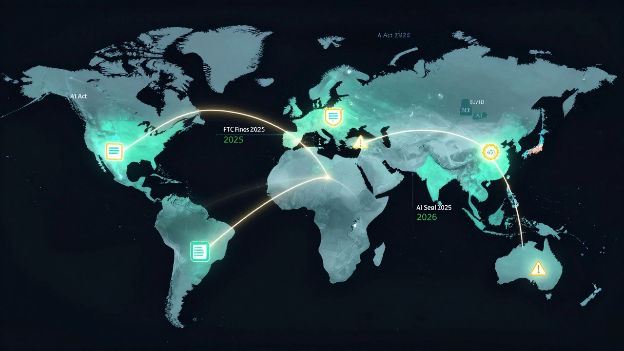 Mapa global mostrando regulamentações de IA por país com símbolos de conformidade e riscos.