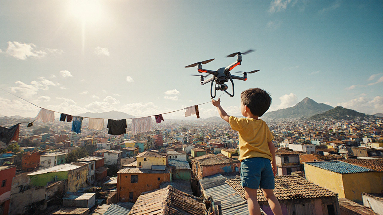 Menino segurando drone em favela de São Paulo, estilo fotográfico realista.