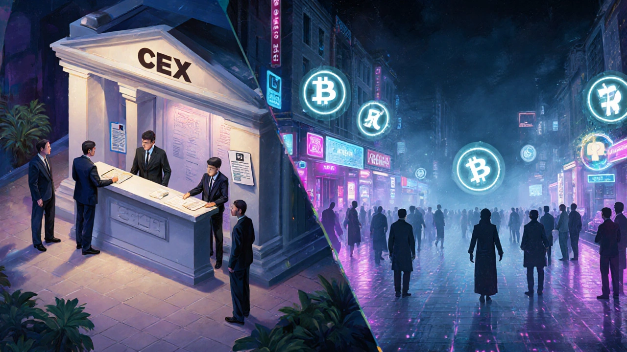 Mercado digital dividido: lado centralizado com atendentes e KYC, lado descentralizado com usuários anônimos e contratos inteligentes.