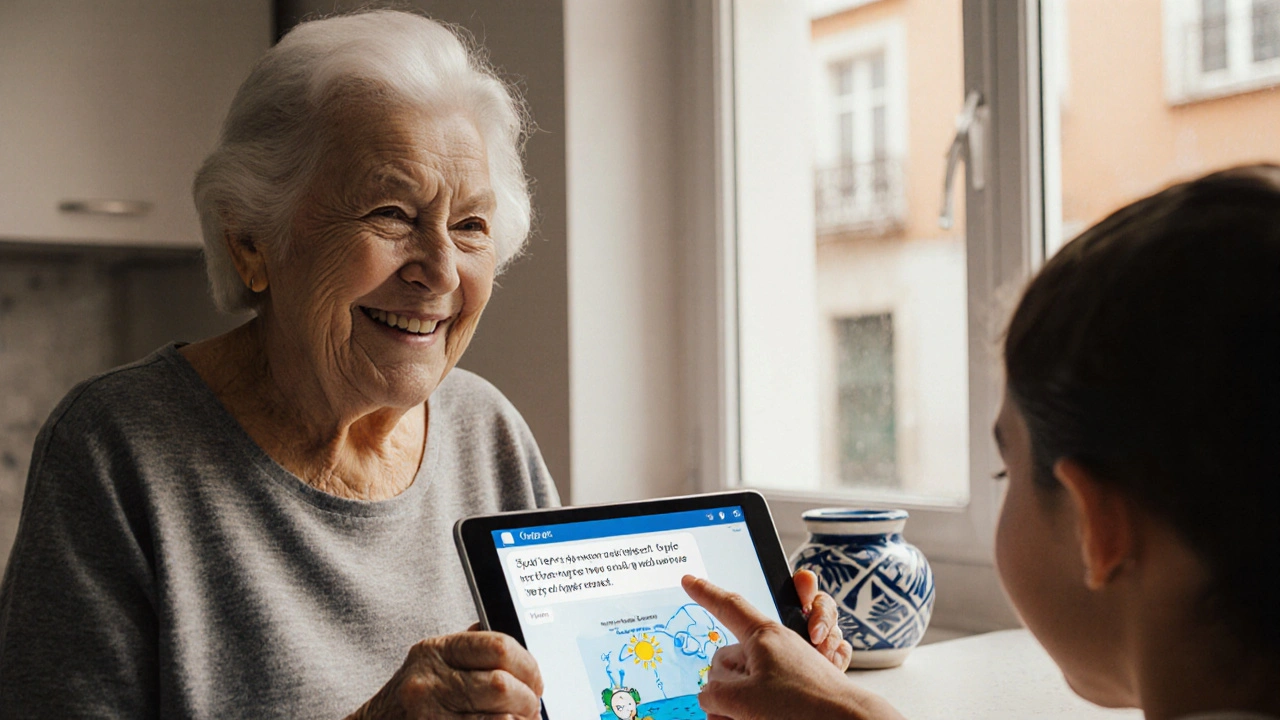 Mulher idosa mostra ao neto resposta do ChatGPT sobre o ciclo da água na cozinha.