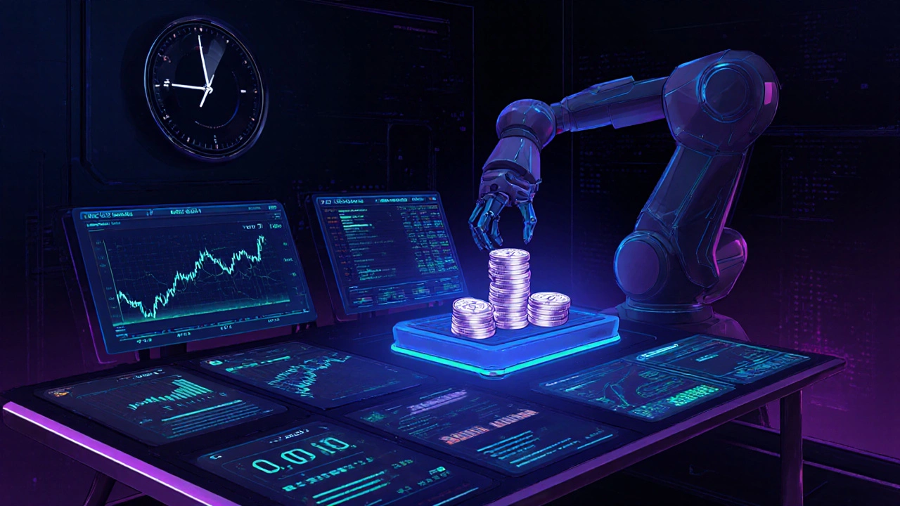 Painel digital futuro com automação de rebalanceamento de criptomoedas e relógio marcando 3h UTC.