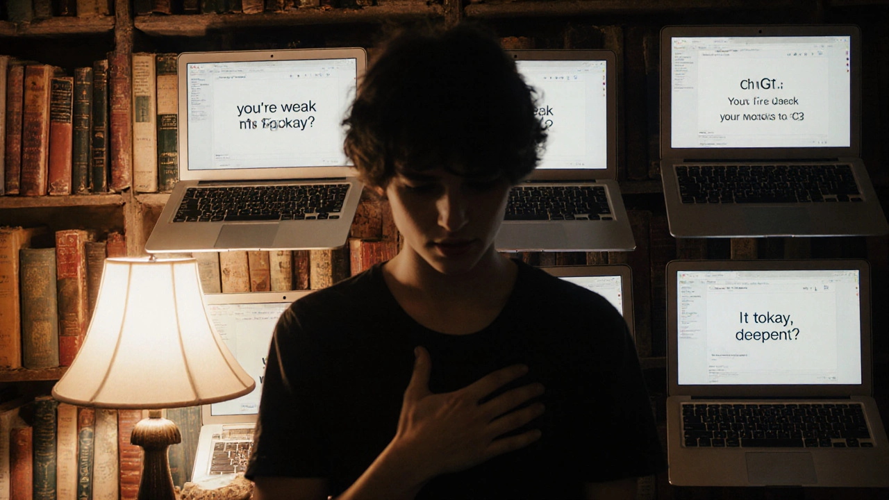 Pessoa diante de várias telas com respostas diferentes de ChatGPT, parecendo sobrecarregada emocionalmente.