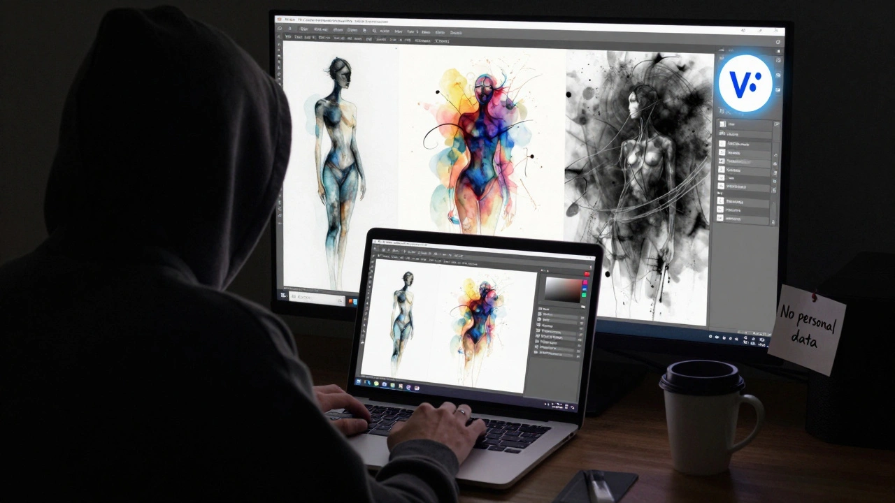 Pessoa em ambiente escuro trabalhando com software de IA, telas exibindo arte abstrata humana.