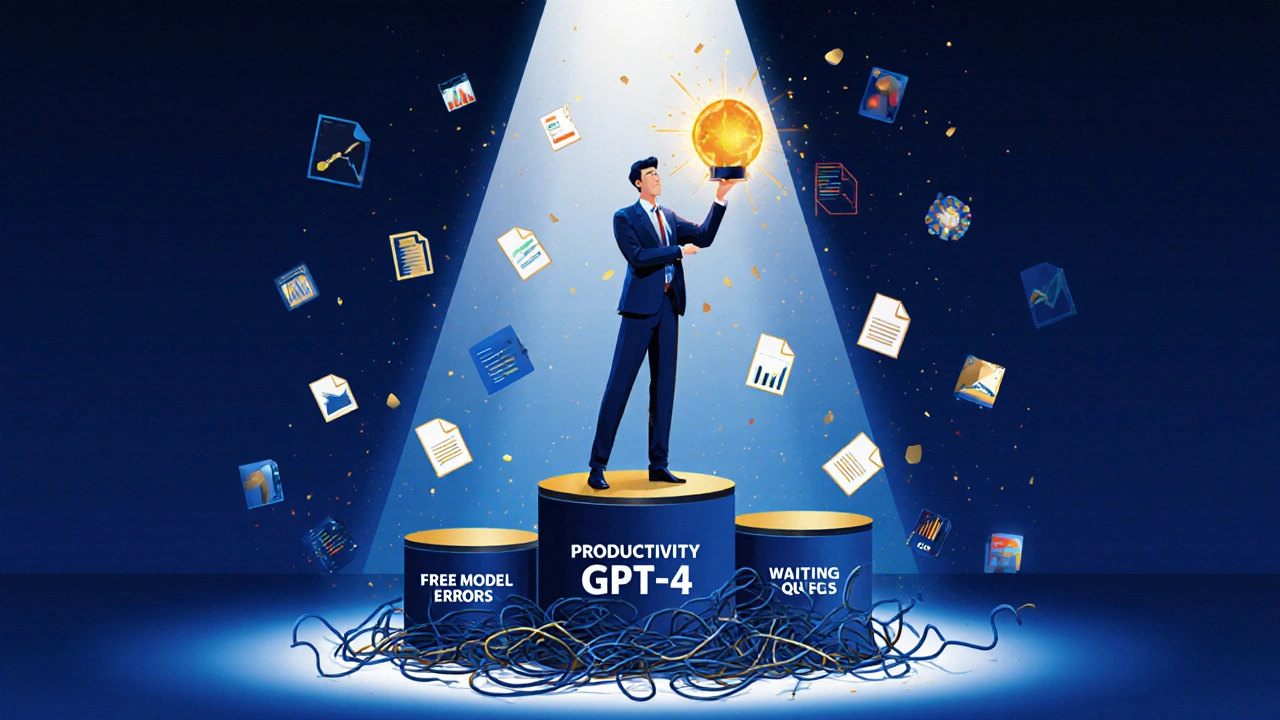 Pessoa em pé sobre um pedestal de produtividade, segurando uma esfera GPT-4 enquanto supera erros e filas do modelo gratuito.