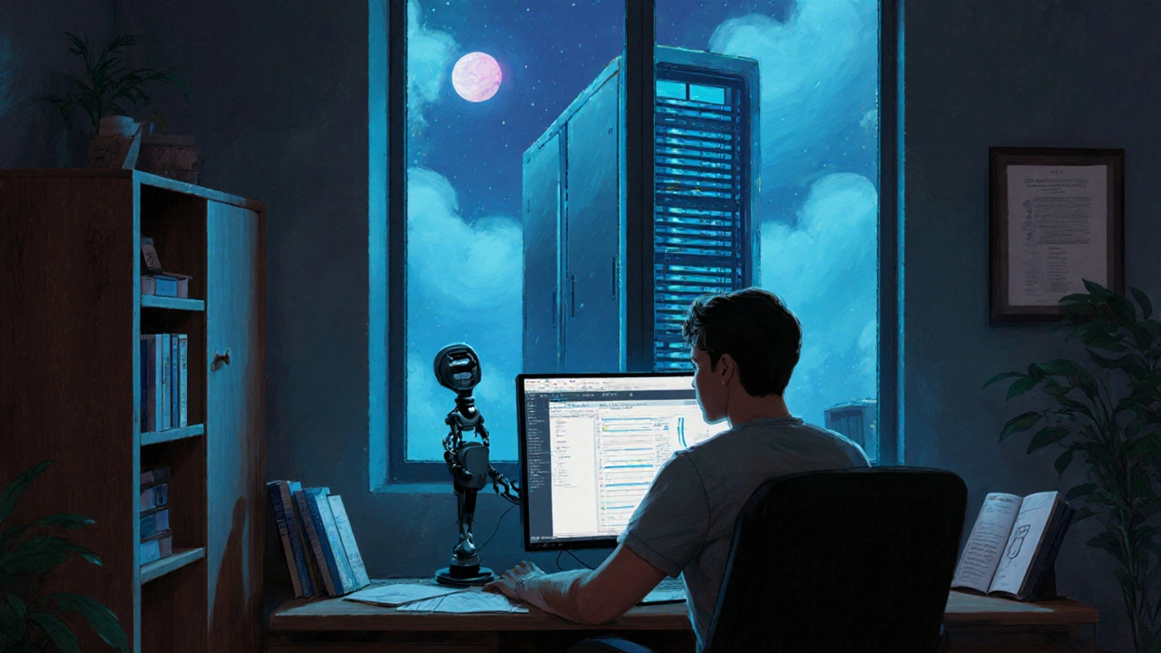 Pessoa usando IA offline em casa, com servidores da nuvem ao fundo e livros de modelos abertos ao lado.