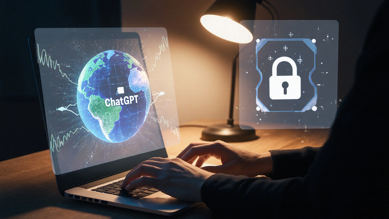 Pessoa usando laptop em ambiente escuro, com sobreposições transparentes de IA online e local.