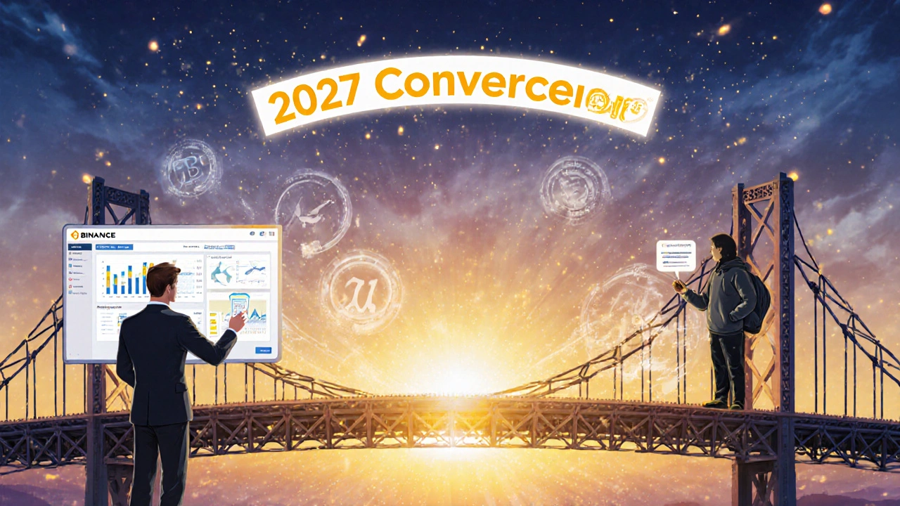 Ponte entre CEX e DEX, mostrando investidores institucionais e pioneiros DeFi conectados por blockchain, luz dourada e efeitos de liquidez.