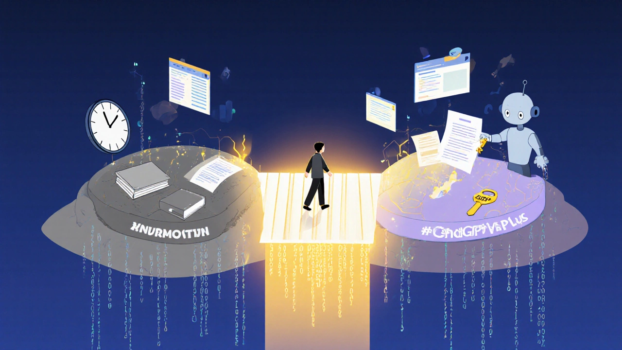 Ponte luminosa entre dois mundos: um obsoleto e cinza, outro vibrante com documentos e dados em tempo real, representando a evolução da IA.