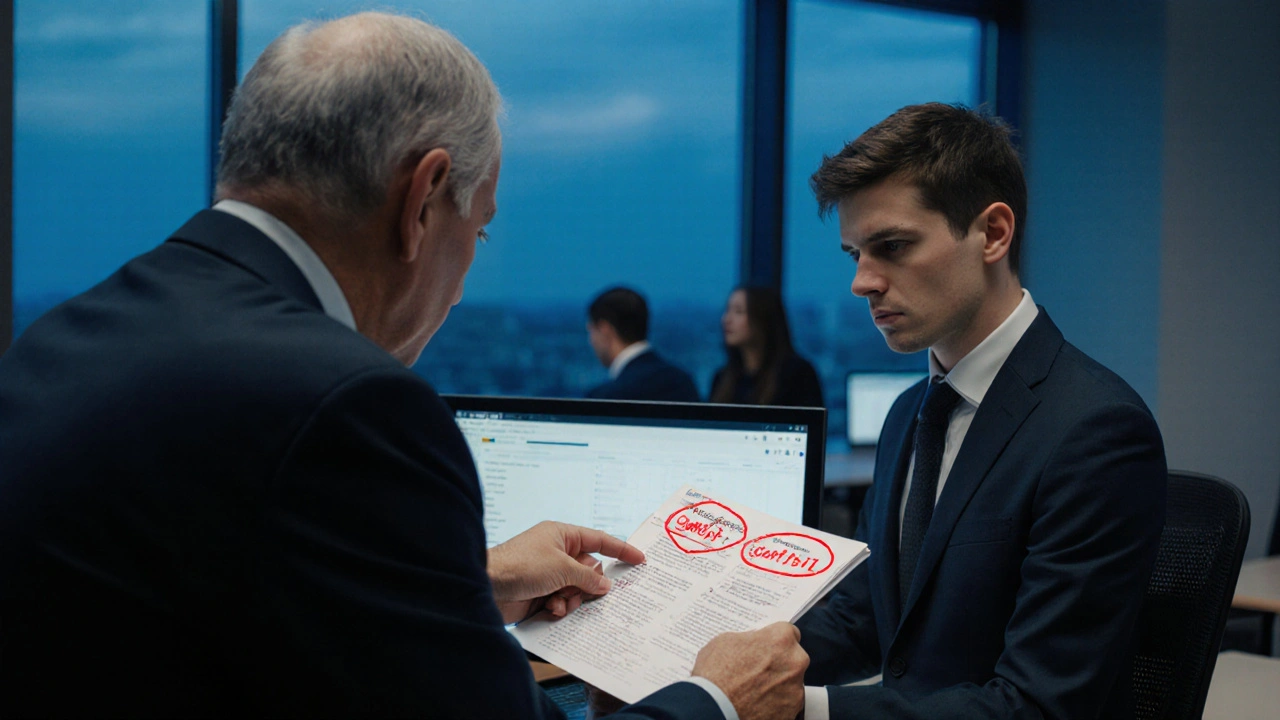 Profissional em escritório observa proposta de marketing com erros causados por IA, liderança aponta falhas.