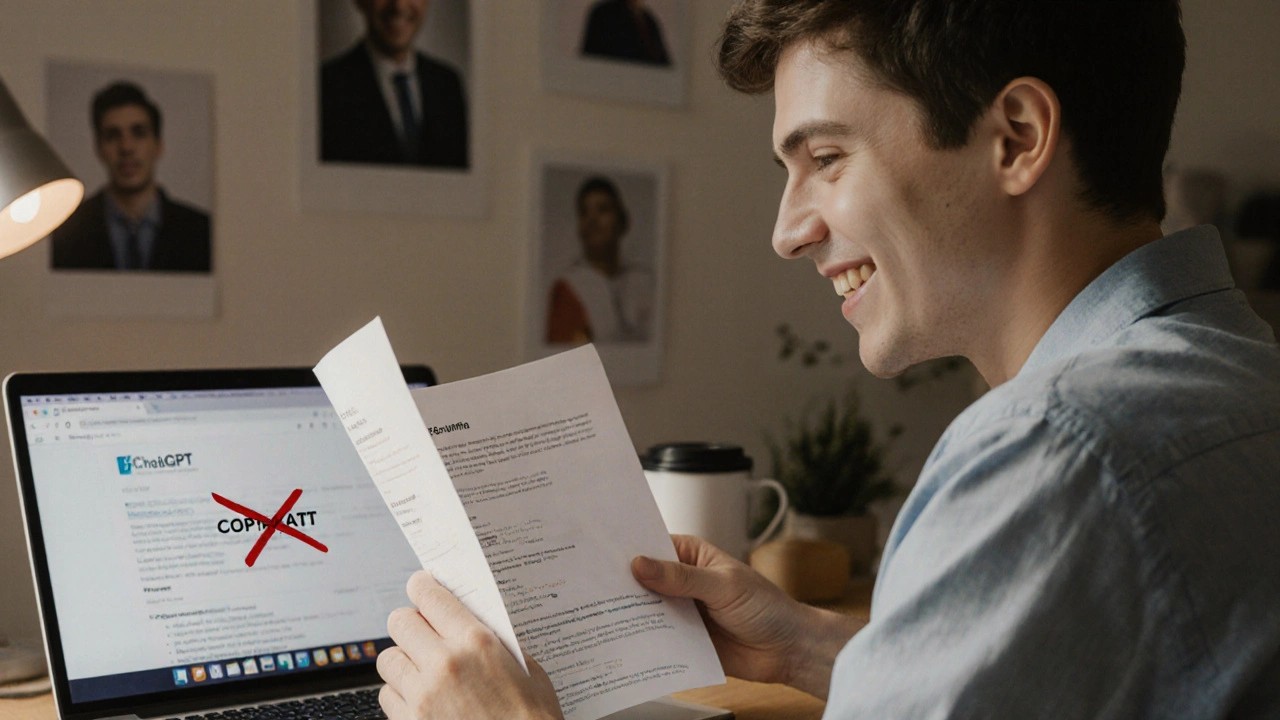 Profissional lendo seu currículo revisado em casa, com laptop aberto ao lado e fotos pessoais na parede.