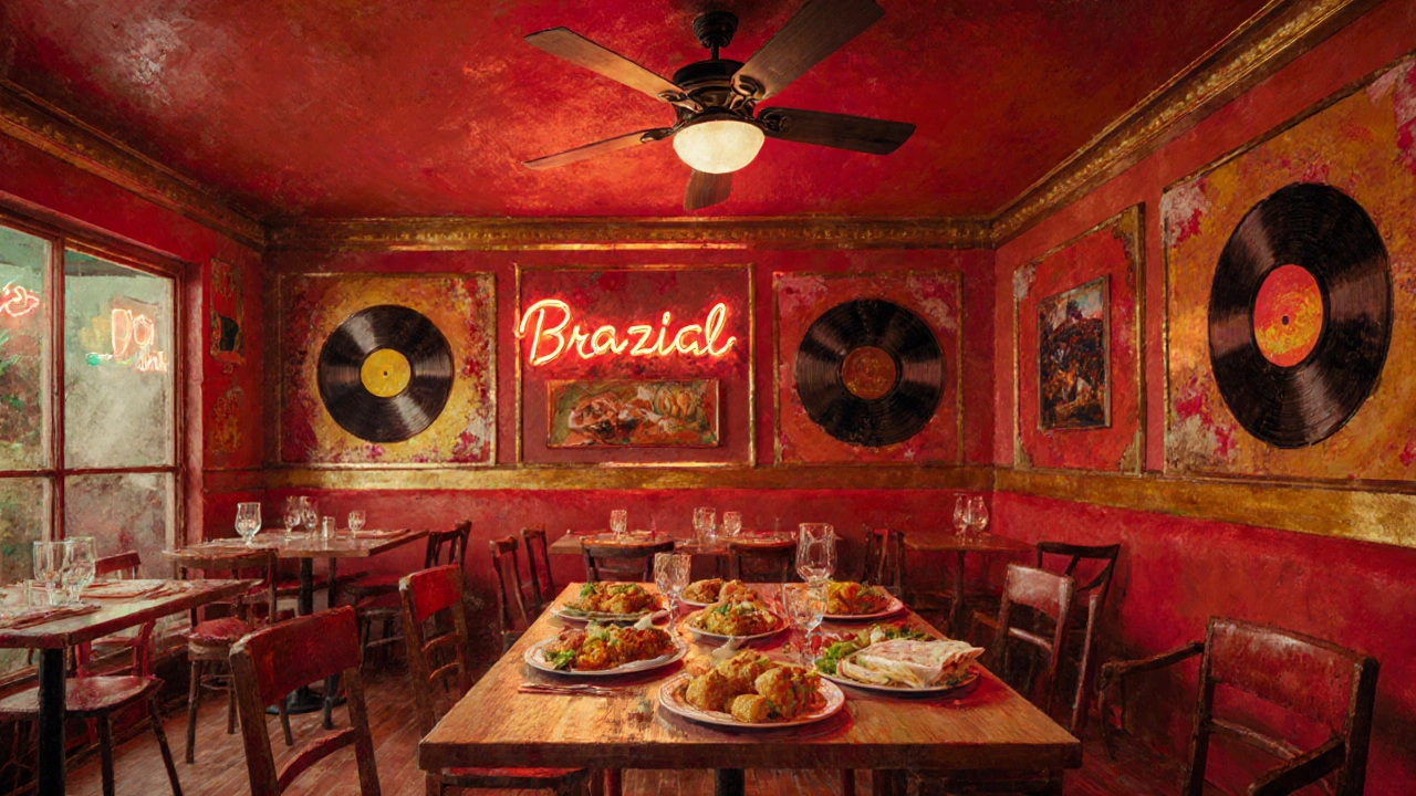 Restaurante brasileiro anos 70 com comida típica e decoração retro vibrante.