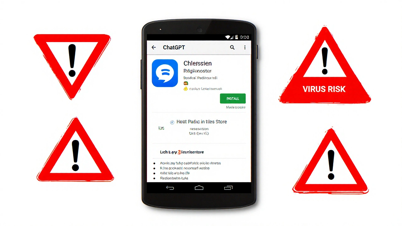 Tela da Google Play Store mostrando o app ChatGPT da OpenAI com avisos de apps falsos.