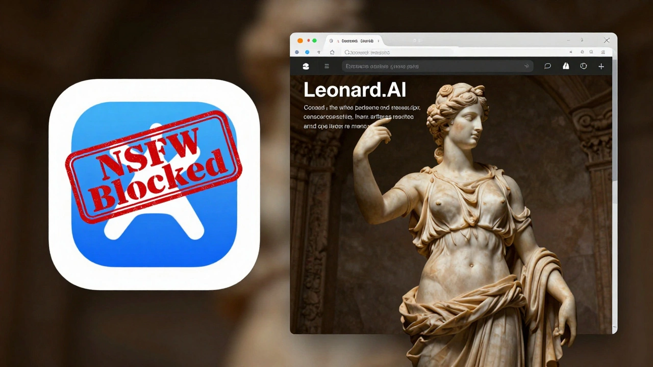 Tela dividida mostrando bloqueio de app versus geração de arte clássica com IA em navegador.