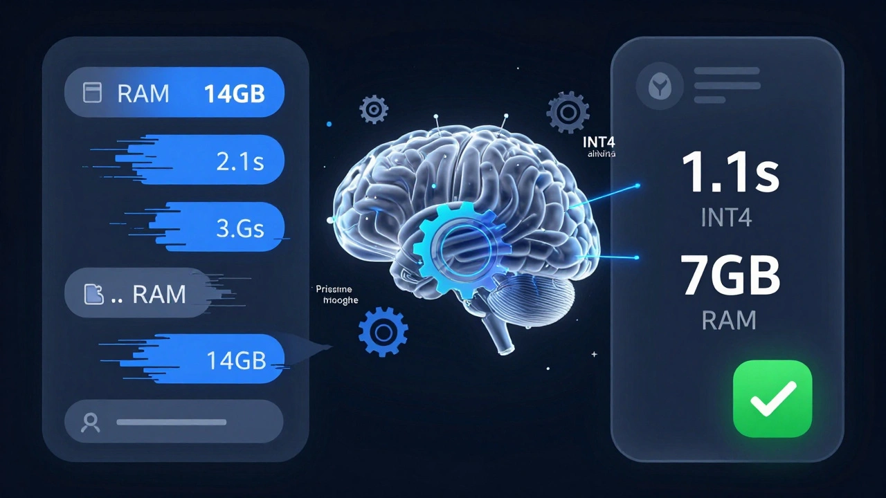 Transformação de um chatbot lento em um otimizado, mostrando redução de latência e uso de memória com símbolos de quantização.