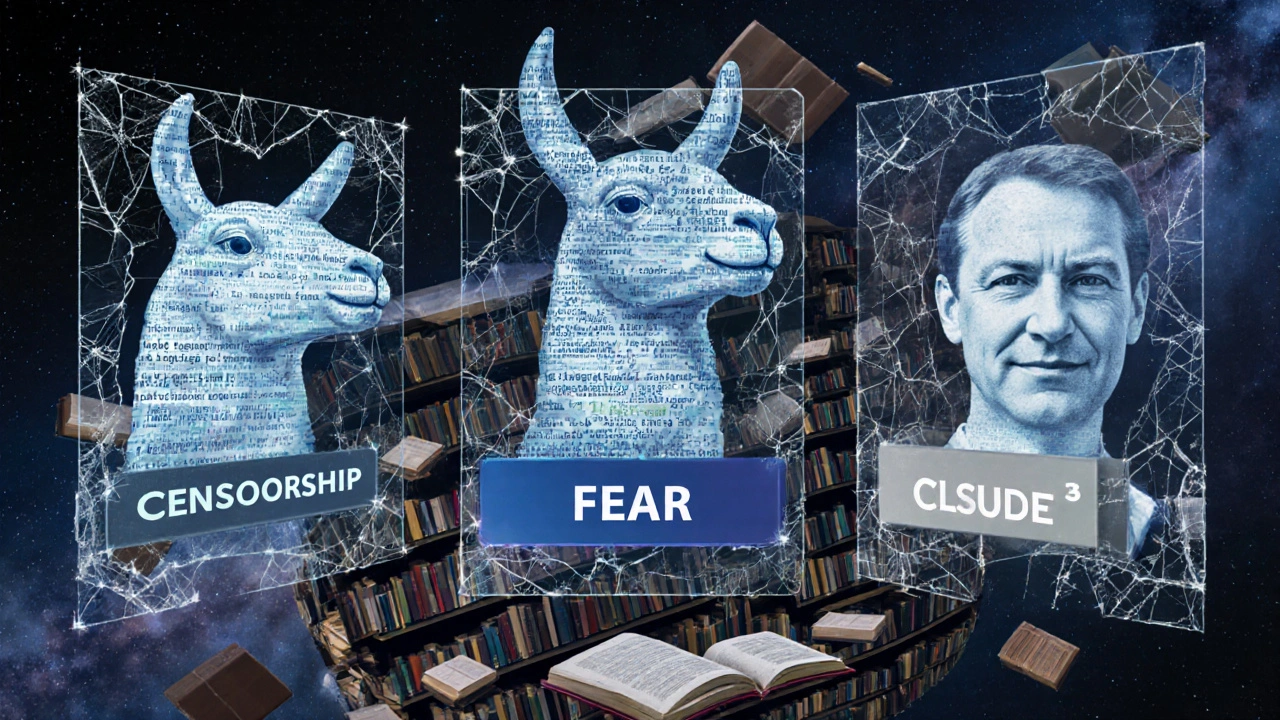 Três avatares de IA flutuantes feitos de fluxos de dados, cercados por vidros quebrados simbolizando censura.