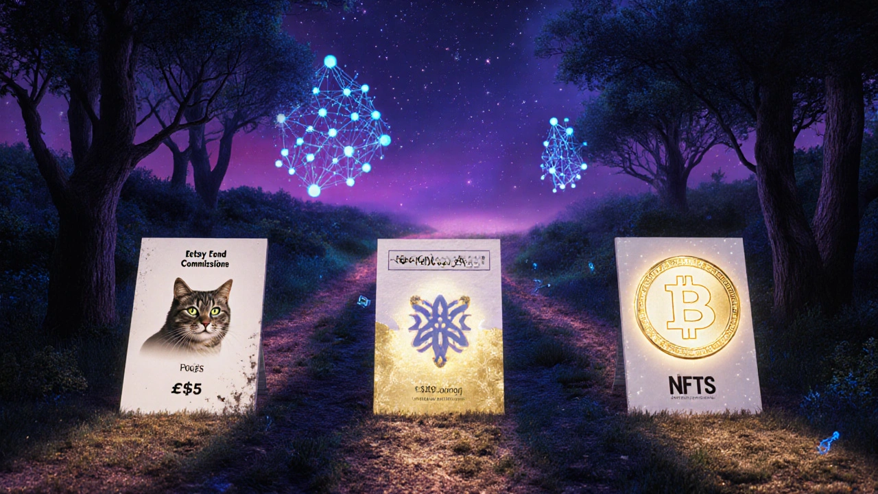 Três caminhos digitais representando vendas de arte AI: genéricas, corporativas e NFTs com valor real, sob céu noturno.