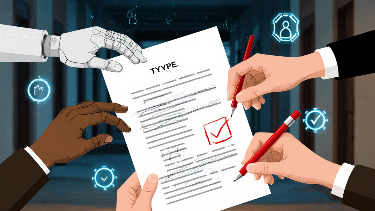 Três mãos interagindo com um documento: uma digital, uma manuscrita, outra corrigindo com caneta vermelha.