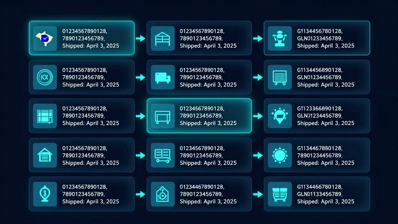 Uma cadeia de blocos digitais mostrando eventos padronizados de rastreamento, ligando fazendas, logística e supermercados em diferentes países.