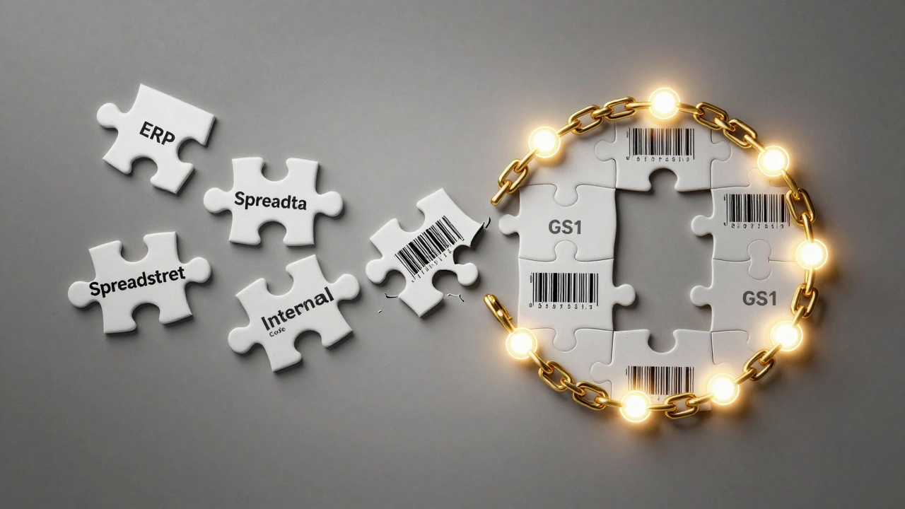 Uma corrente quebrada à esquerda e unificada à direita, simbolizando a transformação de sistemas isolados em cadeias interoperáveis com GS1 e blockchain.