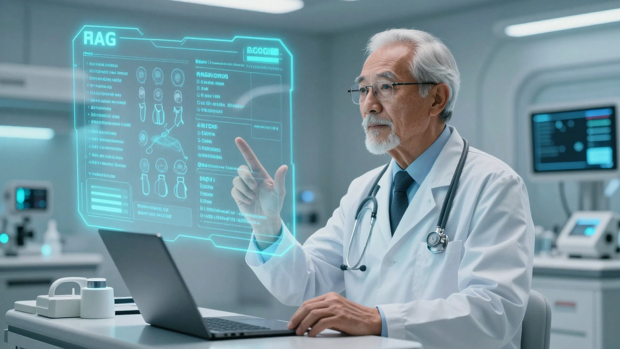 AI doctor answering with learned corrections glowing behind, symbolizing adaptive knowledge.