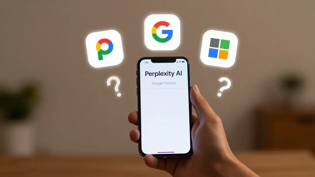 Alternativas ao ChatGPT sem login: Perplexity, Gemini e Copilot em dispositivos móveis.