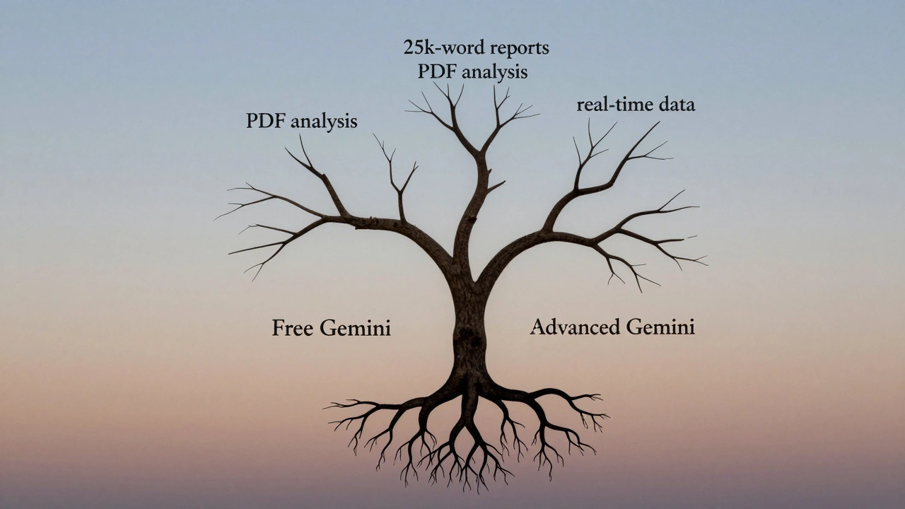 Árvore simbólica com raízes de Gemini gratuito e ramos de Gemini Advanced, ilustrando diferenças entre versões.