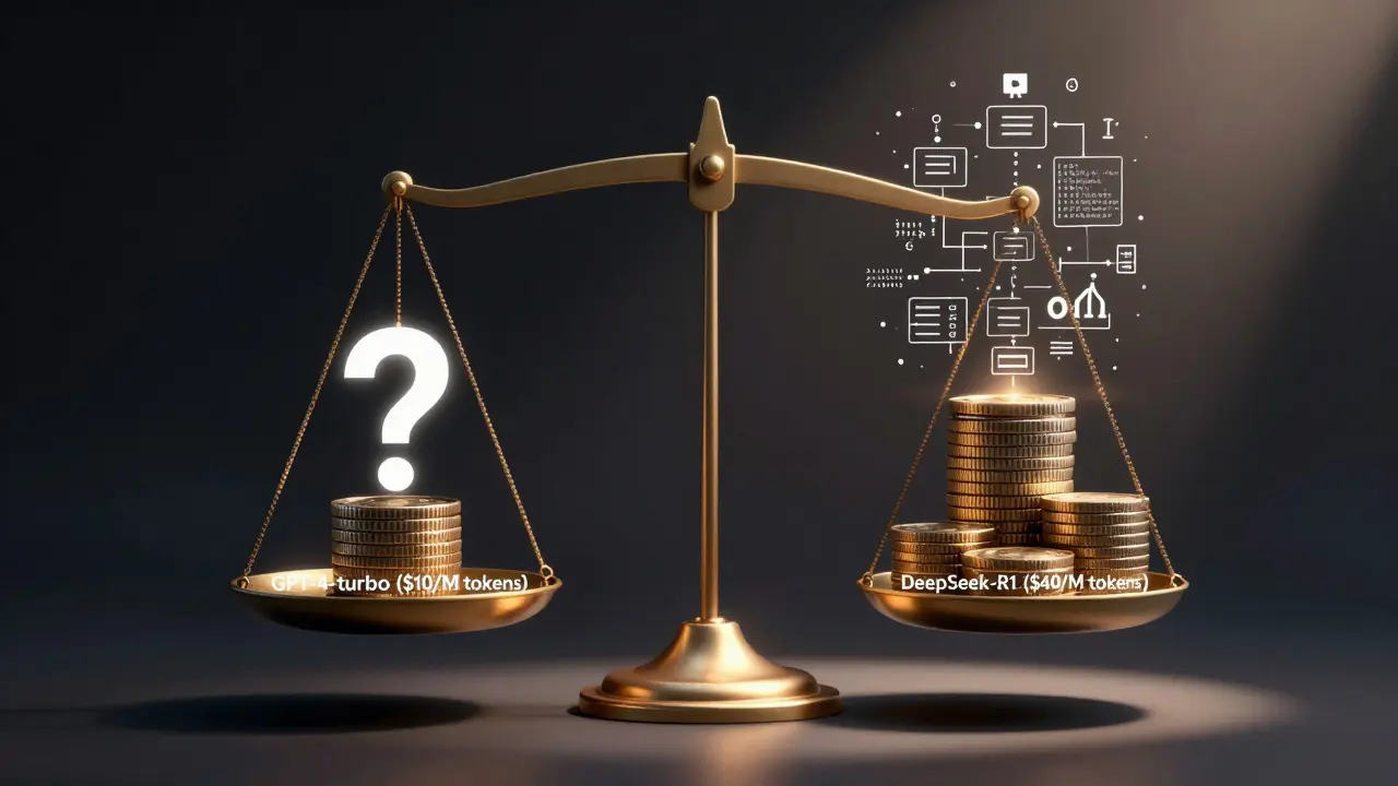 Balança comparando custo de modelo normal com modelo de raciocínio, simbolizando precisão versus despesa.