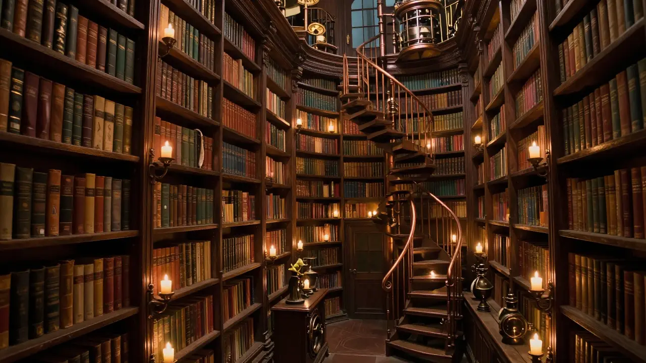 Biblioteca infinita com estantes altas, livros flutuantes e velas de luz em estilo steampunk.