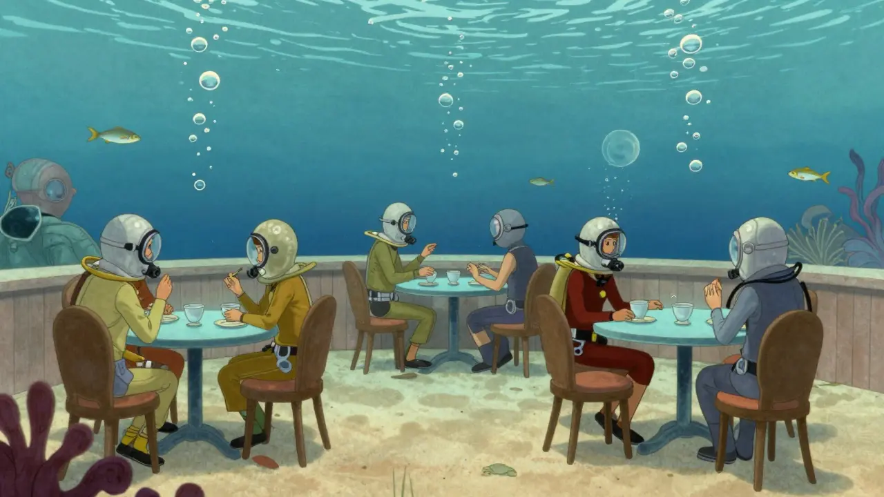 Café subaquático com clientes em capacetes de mergulho e peixes nadando entre copos, luz azul suave.