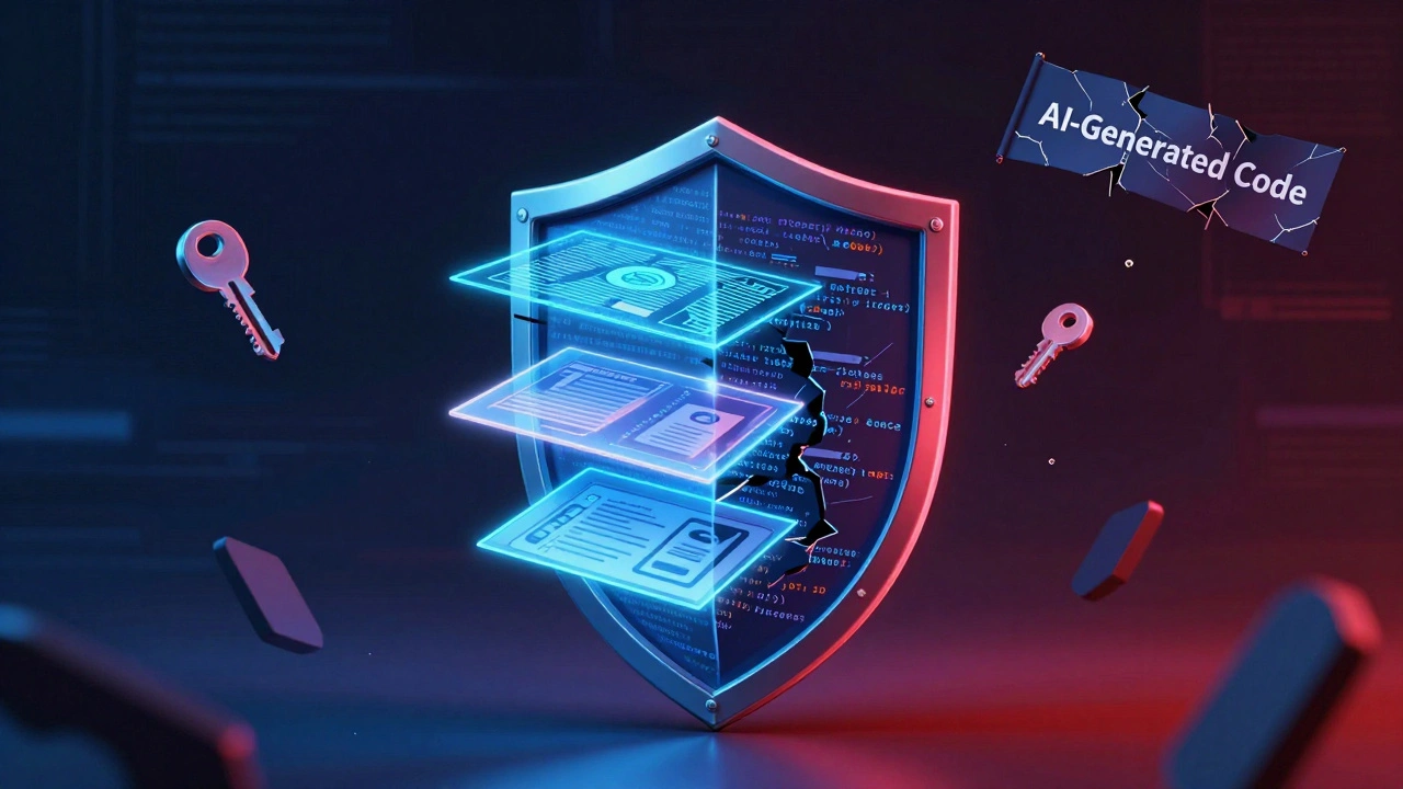 Camadas de detecção de segredos filtrando chaves e tokens em um repositório de código gerado por IA.