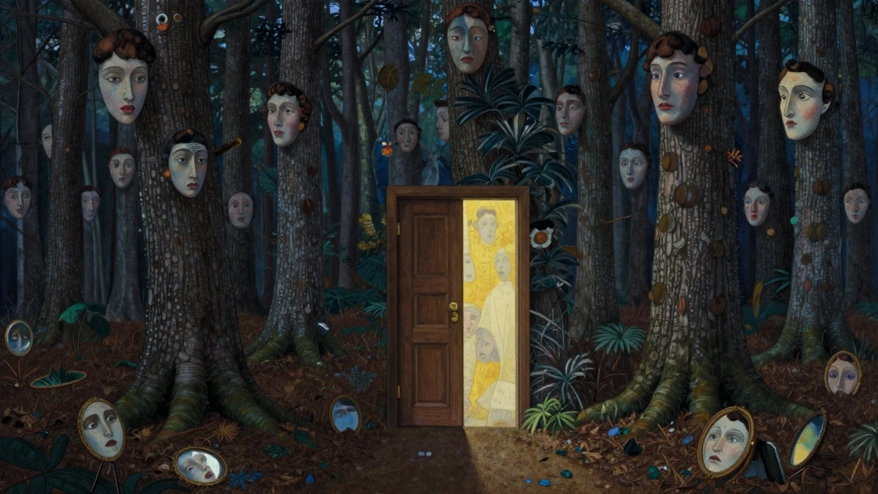 Caminho sombrio em uma floresta com rostos nas árvores e espelhos quebrados no chão, levando a uma porta entreaberta com luz suave.
