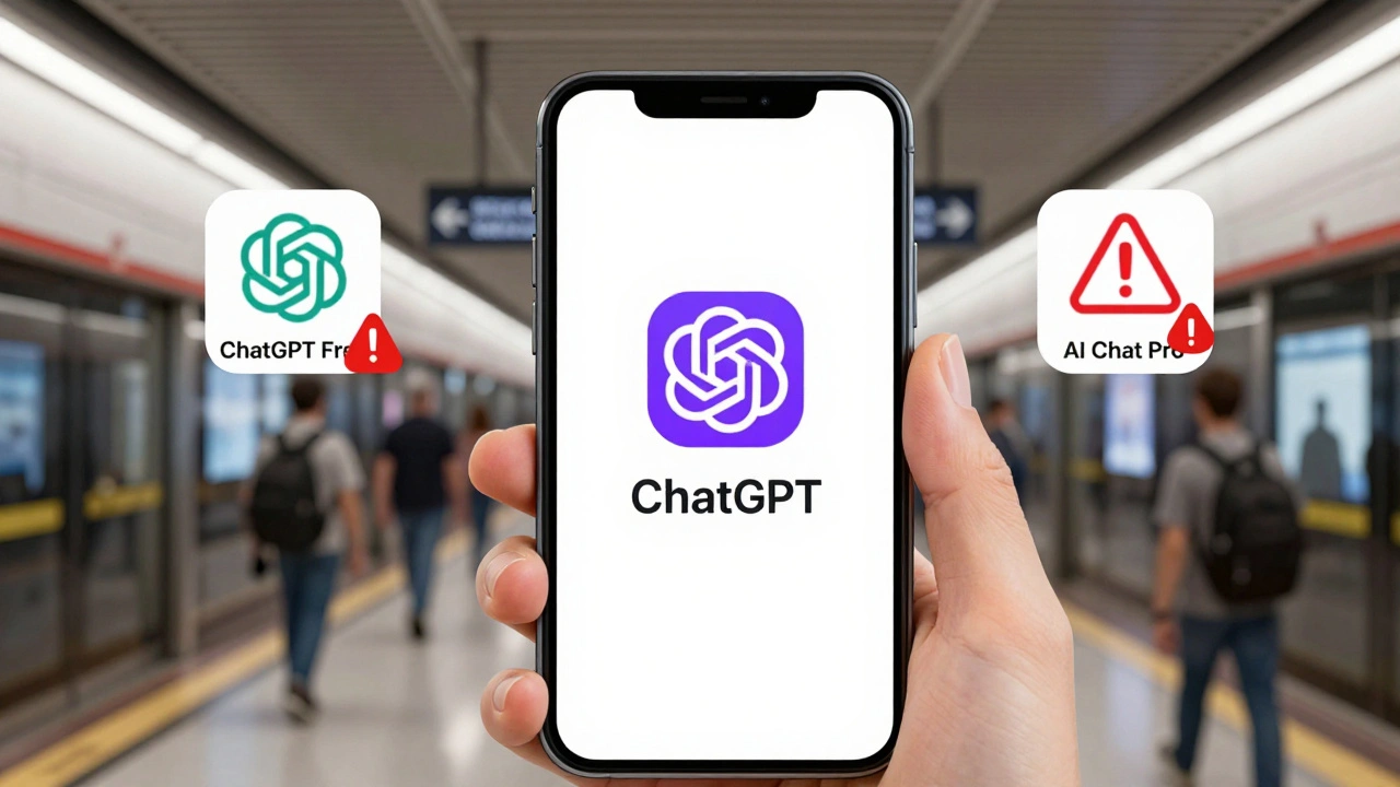 Celular com app oficial ChatGPT da OpenAI, ao lado de apps falsos com símbolos de aviso.