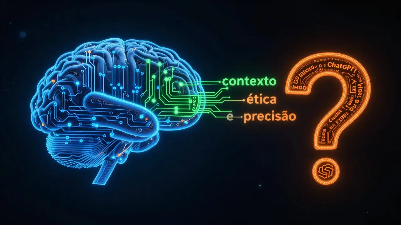 Cérebro digital com fluxos de cores representando diferentes forças de IA.