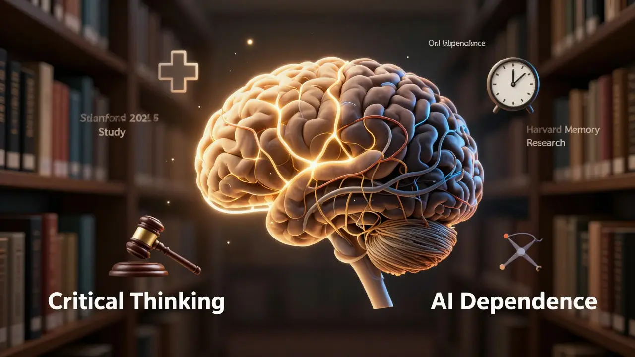 Cérebro humano com rede neural, mostrando o equilíbrio entre pensamento crítico e dependência de IA.