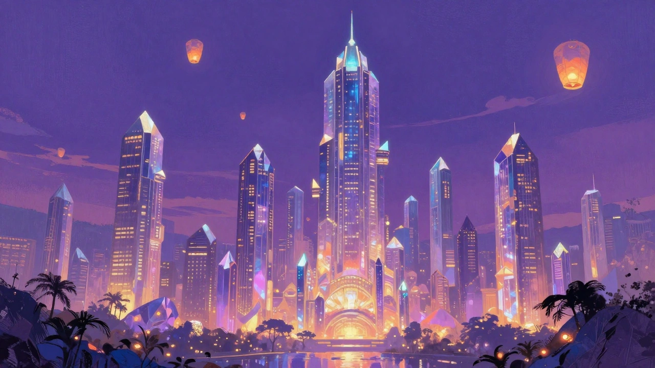 Cidade futurista com torres de cristal sob céu roxo, estilo artístico de fantasia, cores saturadas.