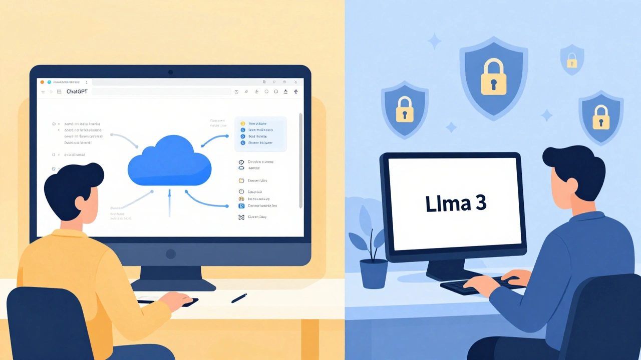 Comparação entre uso online de ChatGPT e uso offline com modelo local protegido.