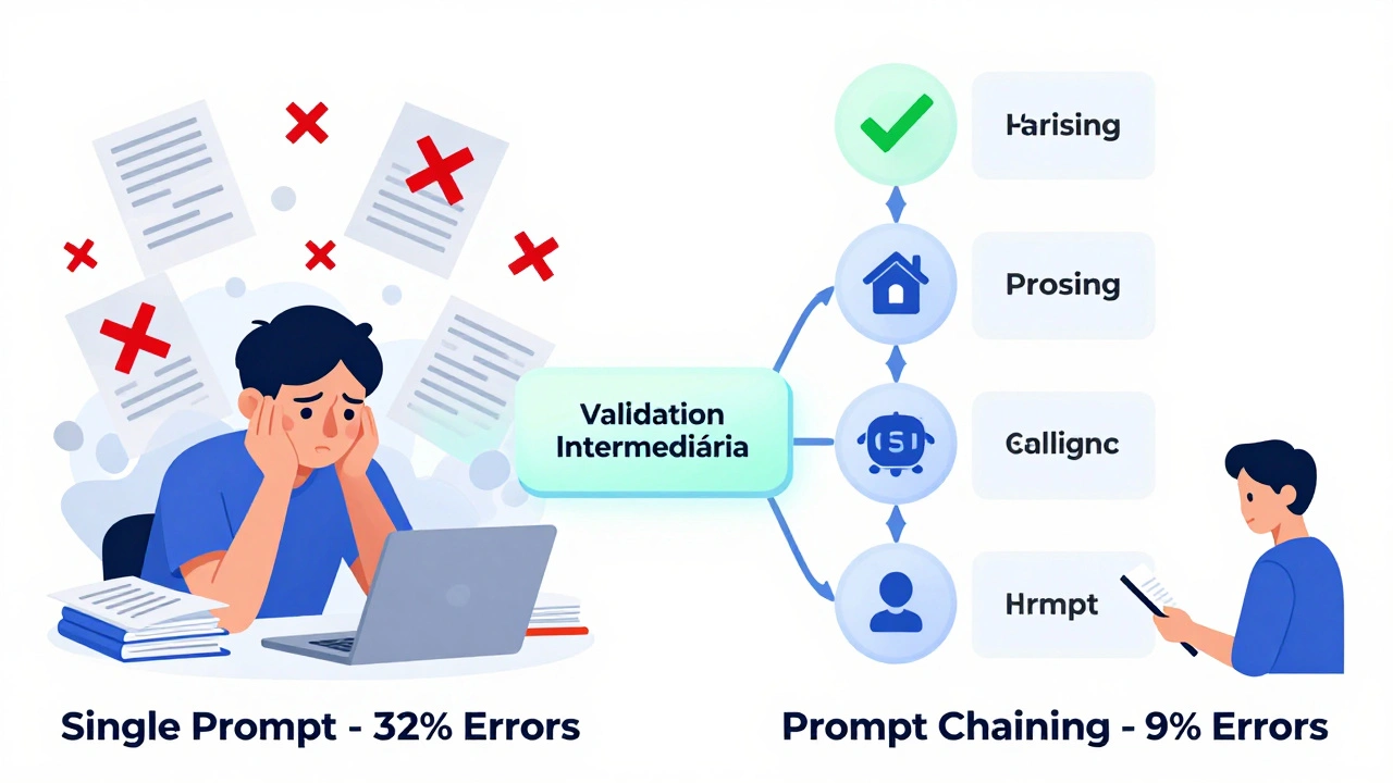 Comparação visual entre fluxo caótico de um único prompt e fluxo organizado de encadeamento de prompts.