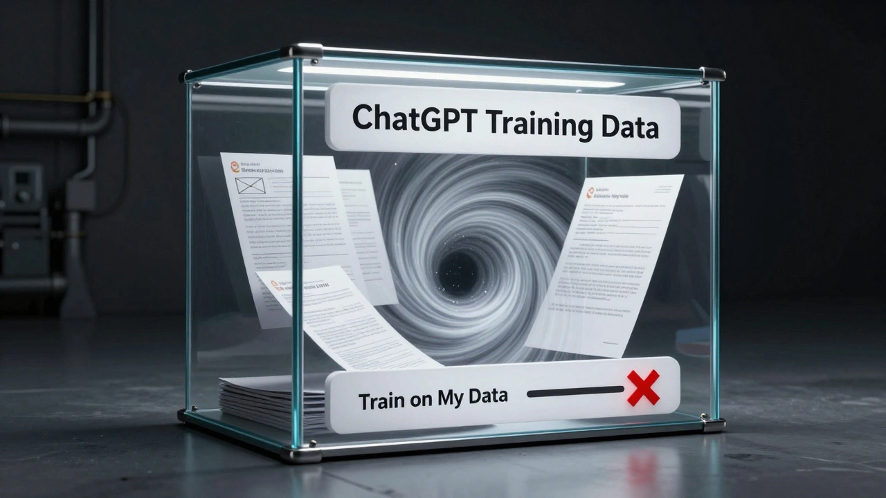 Documentos pessoais sendo absorvidos por um vórtice de treinamento de IA, com opção desativada.